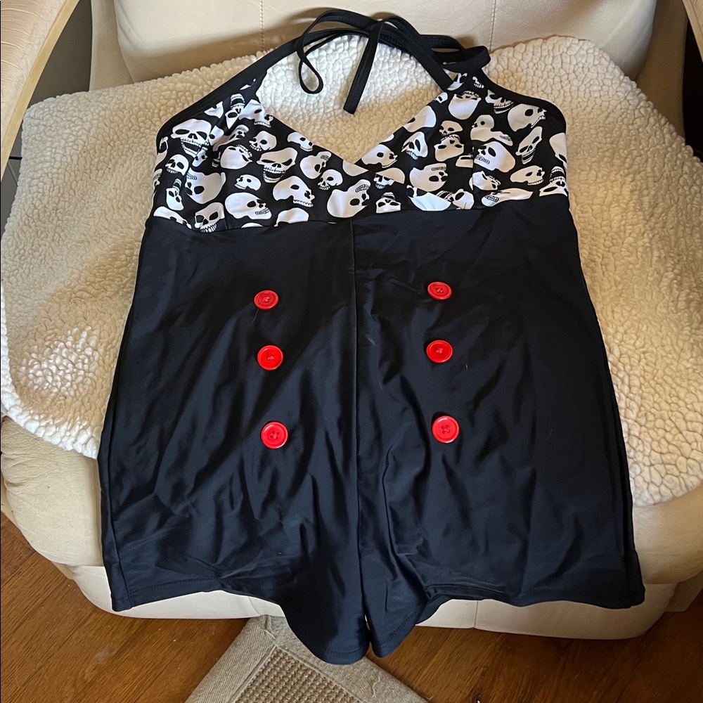 Skull Print Goth Halter Swimsuit with Red Buttons L